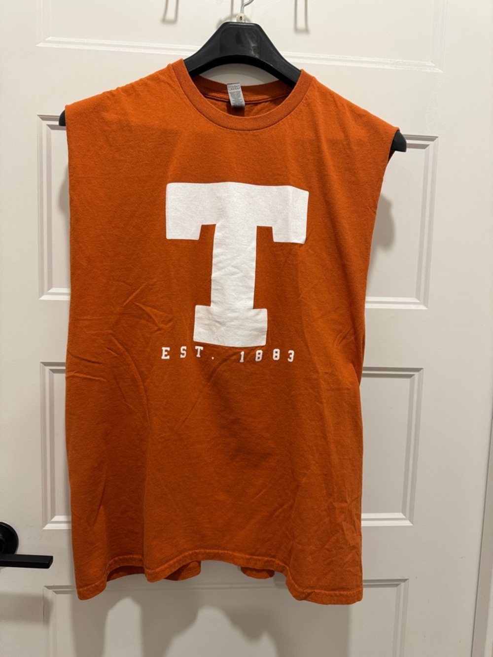 Gildan Orange Sleeveless Tee with White 'T' Graphic
